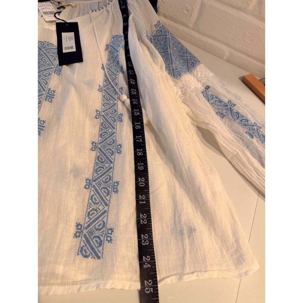 NEW Nili Lotan Bohemian Top White Blue Embroidered Cotton Tassel Blouse Medium - Picture 9 of 10